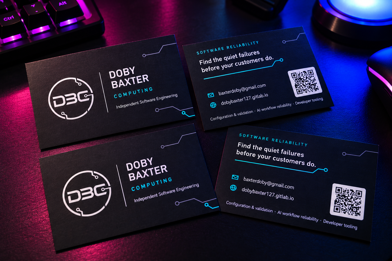 Doby Baxter Computing business cards floating against a glowing blue backdrop: the front shows the DBC logo and &ldquo;Independent Software Engineering&rdquo;, the back reads &ldquo;Software reliability: find the quiet failures before your customers do&rdquo; with contact details and a QR code.