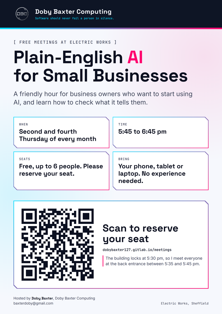 The meetings poster: Plain-English AI for Small Businesses, a free hour at Electric Works on the second and fourth Thursday of every month, 5:45 to 6:45 pm, up to 6 people, with a QR code to reserve a seat.