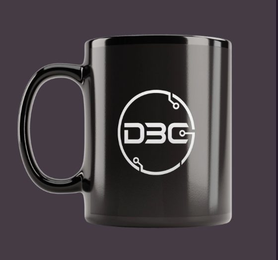 Black mug with the DBC circuit logo