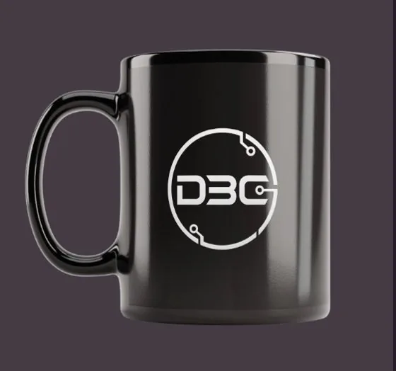 Black mug with the DBC circuit logo