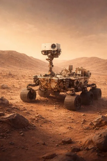 A small rover continuing alone across a dusty, wind-worn landscape