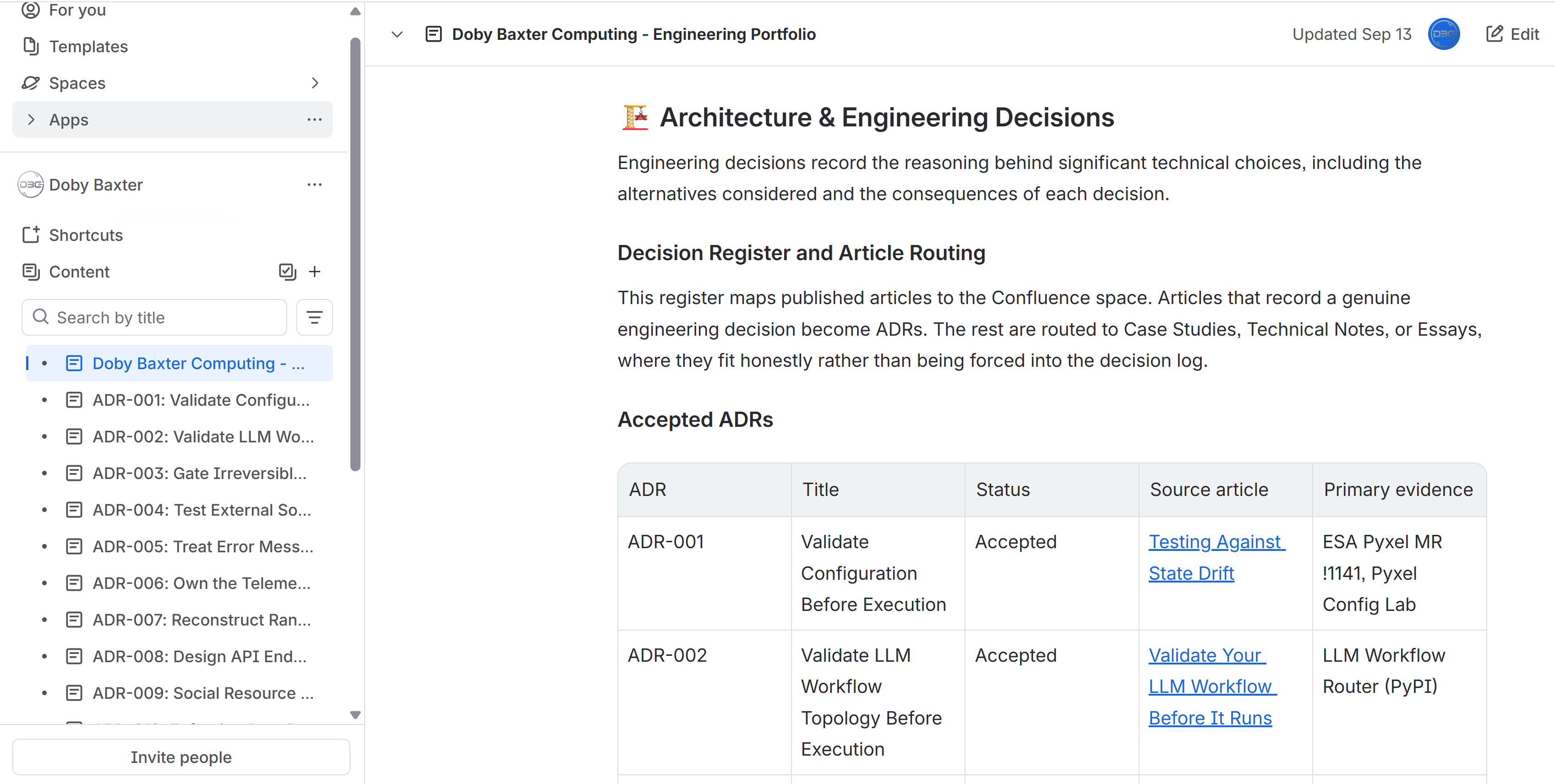 Confluence engineering portfolio page with architecture decision records