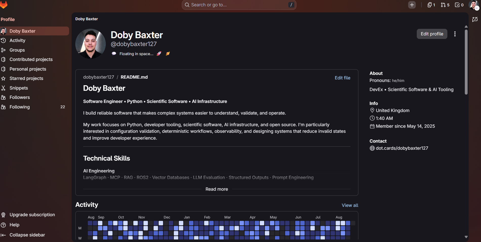 GitLab profile showing contribution activity and projects